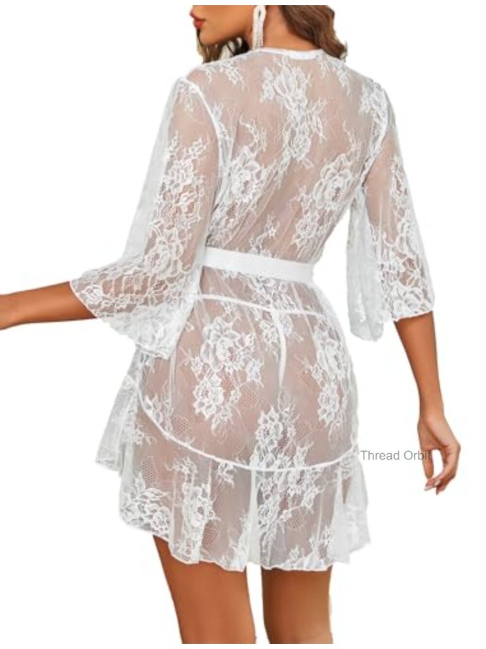 Lace Lingerie Robe Babydoll Nightgown Deep V Ruffled Hem Short Sleeve
